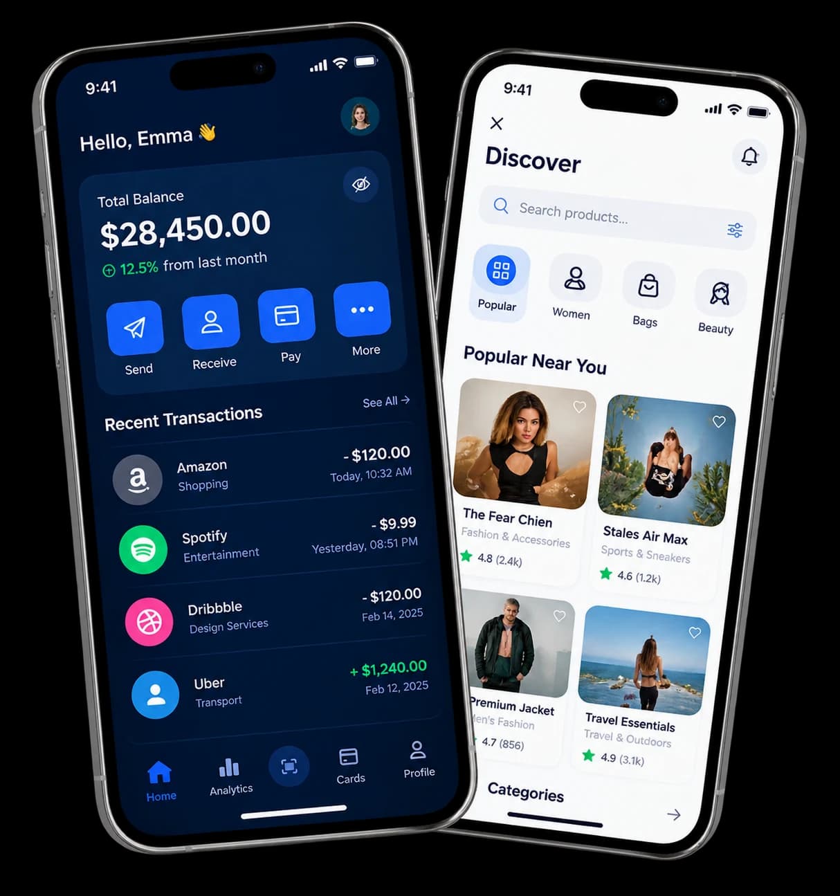 iOS app mockups showing finance and shopping app screens