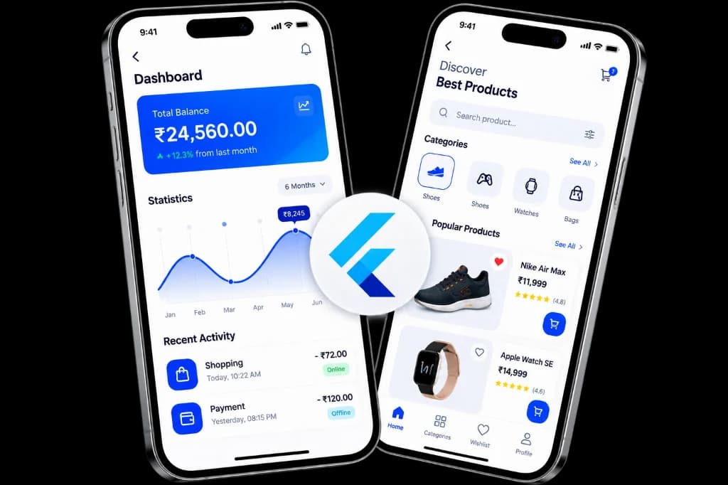 Flutter App Mockups — Dashboard Finance App and E-commerce App